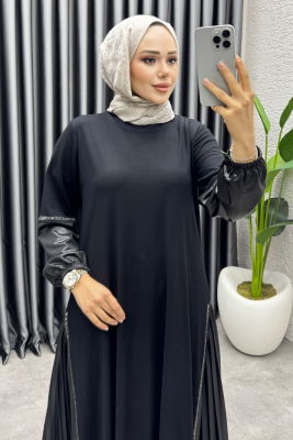 Açelya Deri Detaylı Elbise 3359 Siyah - 2