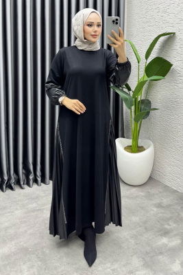 Açelya Deri Detaylı Elbise 3359 Siyah - 3