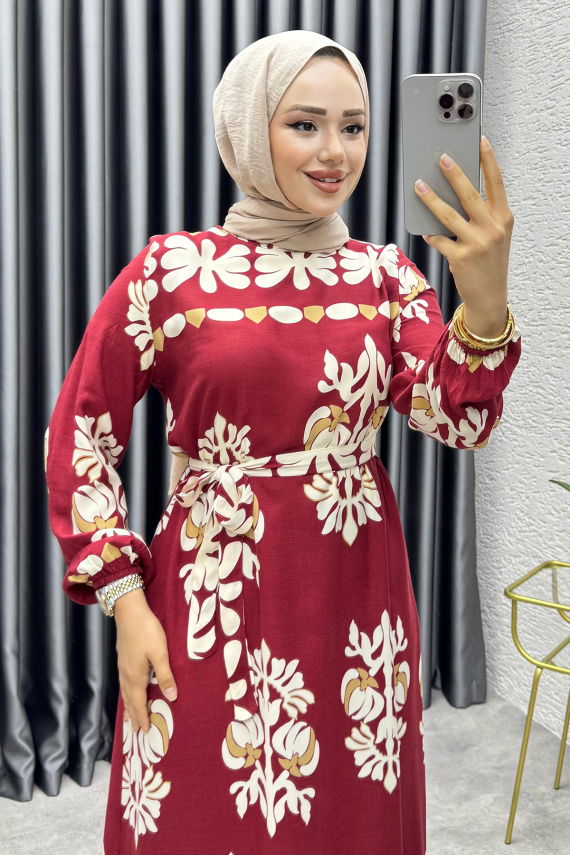 Desenli Viskon Elbise 1997 Bordo - FON (1)