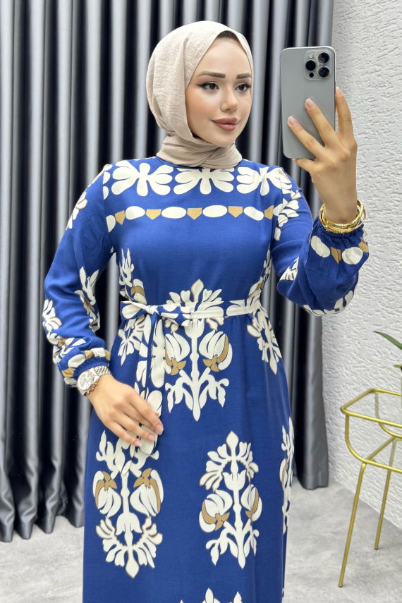 Desenli Viskon Elbise 1997 Mavi - FON (1)