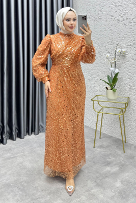 Drape İşlemeli Pullu Abiye 8012 Bakır - 1