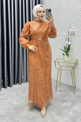 Drape İşlemeli Pullu Abiye 8012 Bakır - 3