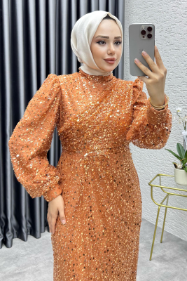 Drape İşlemeli Pullu Abiye 8012 Bakır - 2