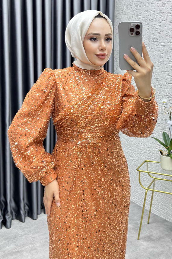 Drape İşlemeli Pullu Abiye 8012 Bakır - YGS (1)