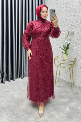 Drape İşlemeli Pullu Abiye 8012 Bordo - 1
