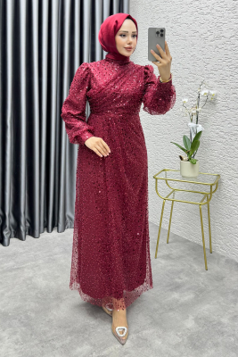 Drape İşlemeli Pullu Abiye 8012 Bordo - 3