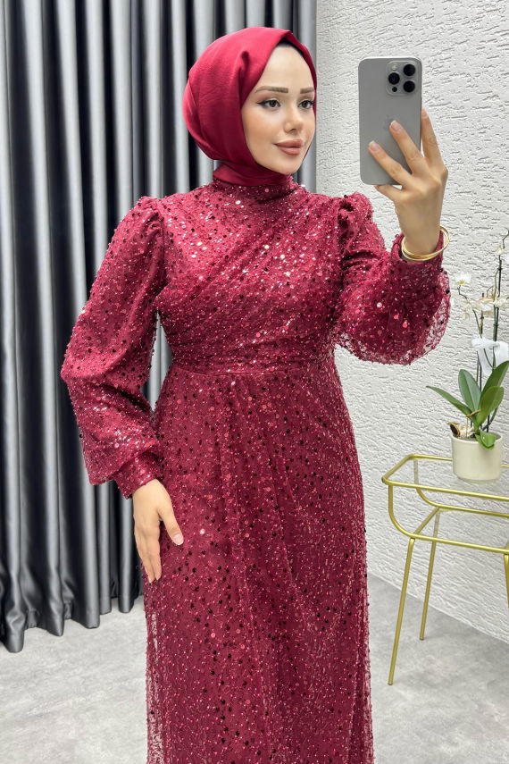 Drape İşlemeli Pullu Abiye 8012 Bordo - YGS (1)