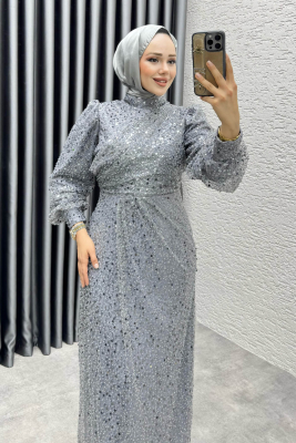 Drape İşlemeli Pullu Abiye 8012 Gri - 2