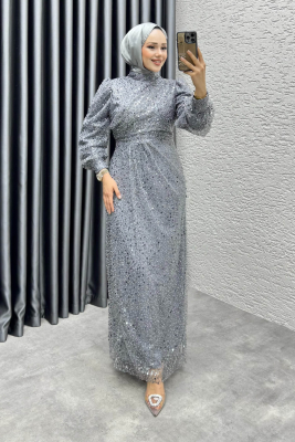 Drape İşlemeli Pullu Abiye 8012 Gri - 3