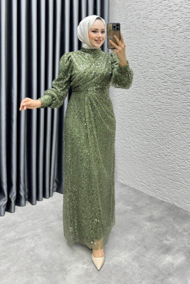 Drape İşlemeli Pullu Abiye 8012 Haki - 1