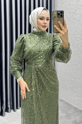 Drape İşlemeli Pullu Abiye 8012 Haki - 3