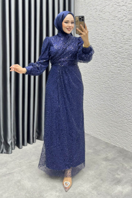 Drape İşlemeli Pullu Abiye 8012 Lacivert - 2