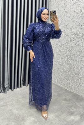 Drape İşlemeli Pullu Abiye 8012 Lacivert - 3