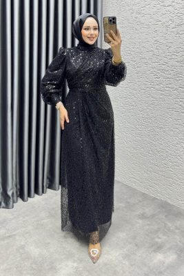 Drape İşlemeli Pullu Abiye 8012 Siyah - 1