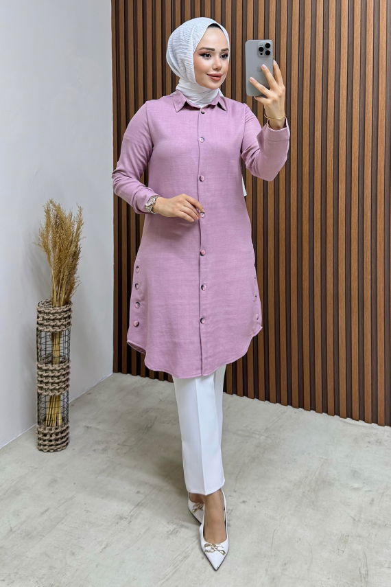 Düğme Aksesuarlı Gömlek Tunik 3047 Gül Kurusu - YVZ (1)