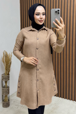Düğme Aksesuarlı Gömlek Tunik 3047 Latte - 1