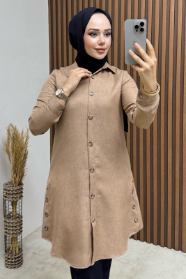 Düğme Aksesuarlı Gömlek Tunik 3047 Latte - 3