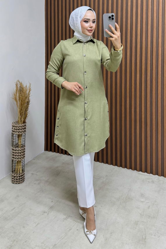 Düğme Aksesuarlı Gömlek Tunik 3047 Mint - YVZ (1)