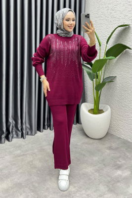 Elissa Taşlı Triko Takım 1109 Bordo - 3