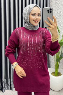 Elissa Taşlı Triko Takım 1109 Bordo - 2