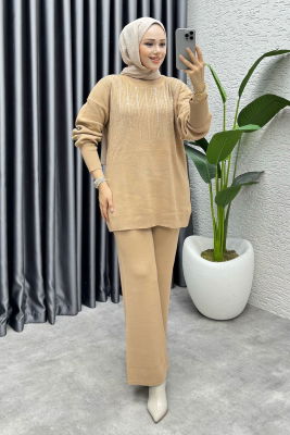 Elissa Taşlı Triko Takım 1109 Latte - 3