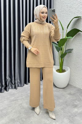 Elissa Taşlı Triko Takım 1109 Latte - 1