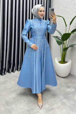 Elsa Taş Detaylı Saten Abiye 6635 Bebe Mavisi - 3