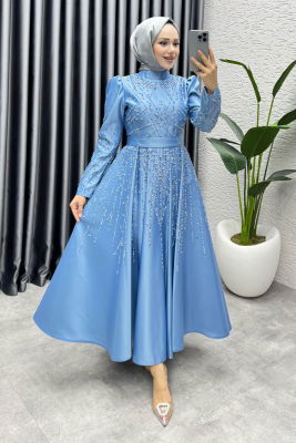 Elsa Taş Detaylı Saten Abiye 6635 Bebe Mavisi - 1