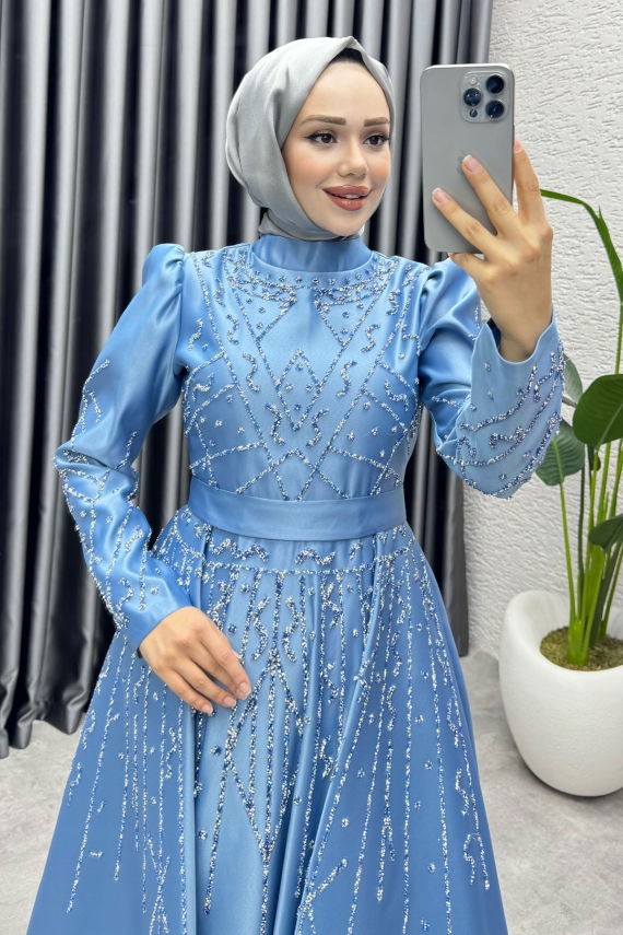 Elsa Taş Detaylı Saten Abiye 6635 Bebe Mavisi - YGS (1)
