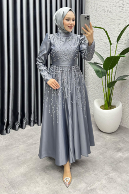Elsa Taş Detaylı Saten Abiye 6635 Gri - 3