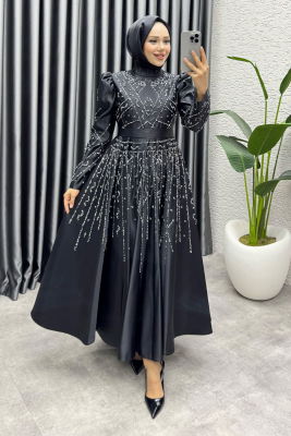Elsa Taş Detaylı Saten Abiye 6635 Siyah - 1