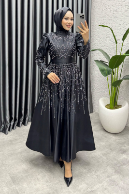 Elsa Taş Detaylı Saten Abiye 6635 Siyah - 3