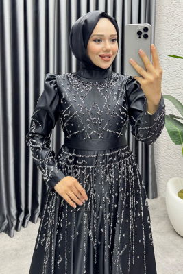 Elsa Taş Detaylı Saten Abiye 6635 Siyah - 2