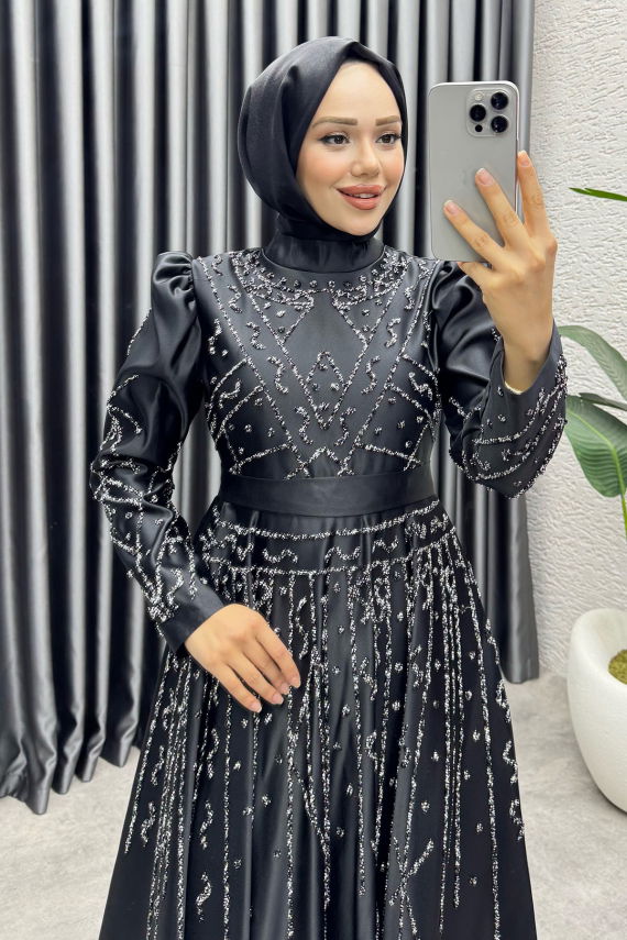 Elsa Taş Detaylı Saten Abiye 6635 Siyah - YGS (1)