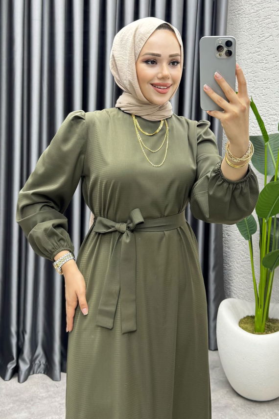 Eteği Volanlı Krep Elbise 1002 Haki - YGS (1)