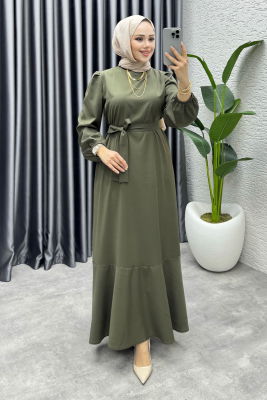 Eteği Volanlı Krep Elbise 1002 Haki - 1