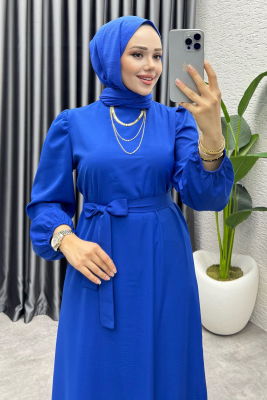 Eteği Volanlı Krep Elbise 1002 Saks - 2