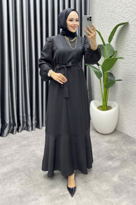 Eteği Volanlı Krep Elbise 1002 Siyah - 3