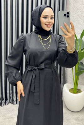 Eteği Volanlı Krep Elbise 1002 Siyah - 2
