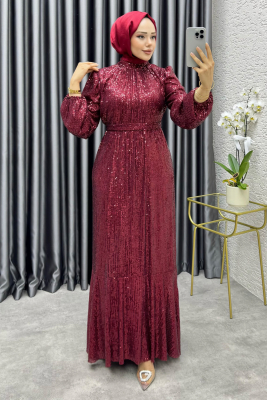 Gülçe Eteği Volanlı Payet Elbise 6651 Bordo - 2