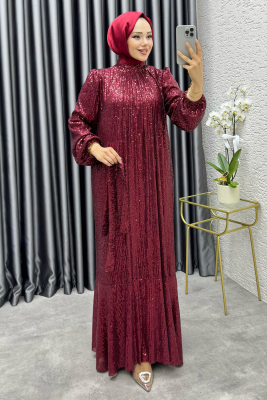 Gülçe Eteği Volanlı Payet Elbise 6651 Bordo - 1