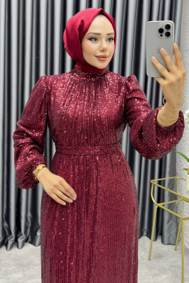 Gülçe Eteği Volanlı Payet Elbise 6651 Bordo - 3