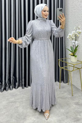 Gülçe Eteği Volanlı Payet Elbise 6651 Gri - 1
