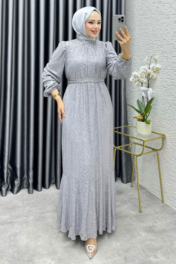 Gülçe Eteği Volanlı Payet Elbise 6651 Gri - YGS (1)