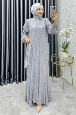 Gülçe Eteği Volanlı Payet Elbise 6651 Gri - 3