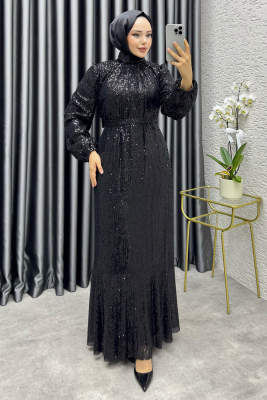 Gülçe Eteği Volanlı Payet Elbise 6651 Siyah - 1