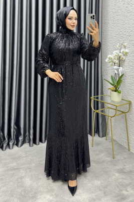 Gülçe Eteği Volanlı Payet Elbise 6651 Siyah - 2