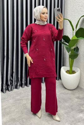 Eylül Taş Detaylı Triko Takım 1208 Bordo - 3
