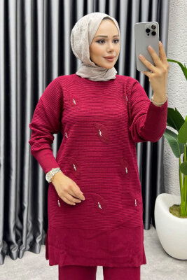 Eylül Taş Detaylı Triko Takım 1208 Bordo - 2