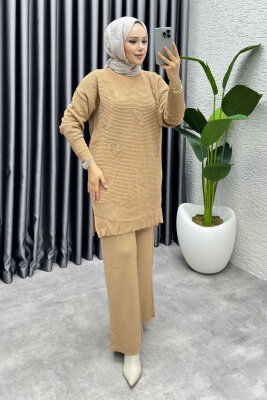 Eylül Taş Detaylı Triko Takım 1208 Latte - 3